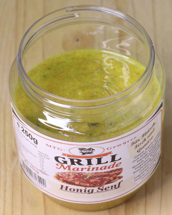 Marinade Honig-Senf kaufen ✓ Süß-würzige Grillmarinade mit 11 % Honig und 10 % Senf. Ideal für Geflügel, Schweinefleisch, Fisch und Gemüse.